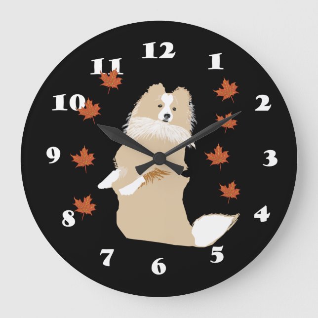 Reloj Redondo Grande Collie Dog, Autumn Leaves (Anverso)