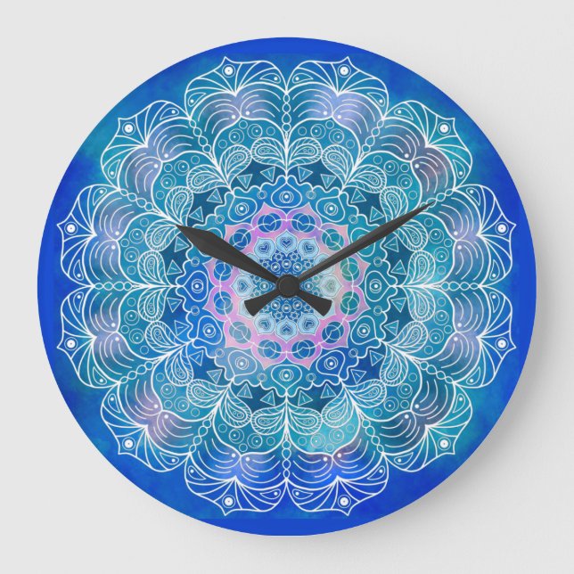 Reloj Redondo Grande Color azul de contorno blanco de Mandala - (Anverso)