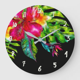 Reloj Redondo Grande Color Brillante Floral Tropical Hibisco & Hojas