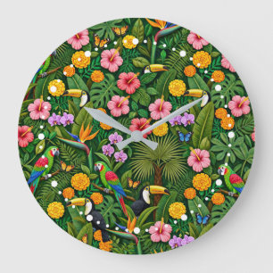 Reloj Redondo Grande Colores alegres aves de la selva flores tropicales