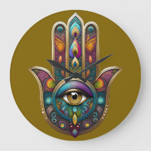 Reloj Redondo Grande Colores de Pavo Real Hamsa con Tercer Ojo de Oro
