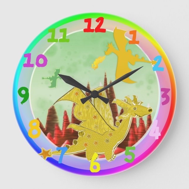 Reloj Redondo Grande Colores lindos del arco iris del dragón del dibujo (Anverso)