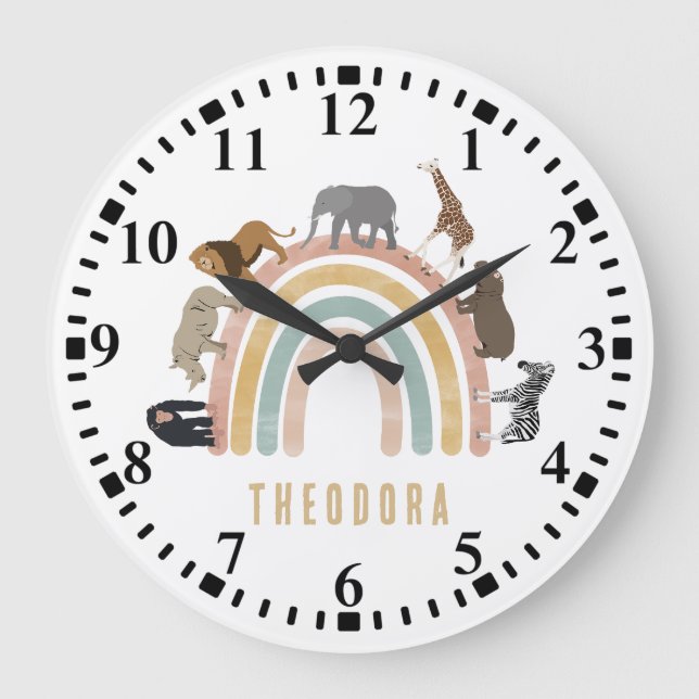 Reloj Redondo Grande Colores Terrosos Animales de la Selva Arcoíris Acu (Anverso)