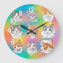 Reloj Redondo Grande Colorful Cat Faces Wall Clock Fun Pet Decor