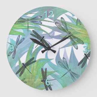 Reloj Redondo Grande Colorful Dragonflies in Foliage Abstract