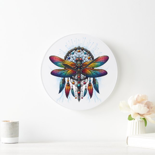 Reloj Redondo Grande Colorful Psychedelic Dragonfly Dreamcatcher Boho (Hogar)