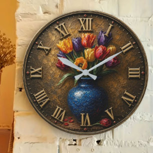 Reloj Redondo Grande Colorful Tulip Floral Elegant Vintage Tulip Bouque