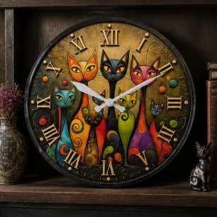 Reloj Redondo Grande Colorful Whimsical Cats