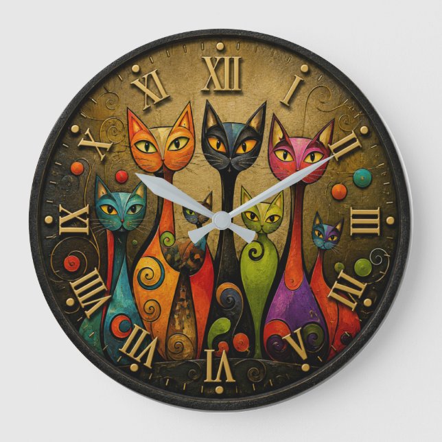 Reloj Redondo Grande Colorful Whimsical Cats (Anverso)