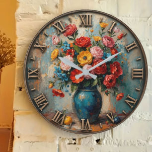 Reloj Redondo Grande Colorful Wildflower Bouquet Vintage Floral Vase 