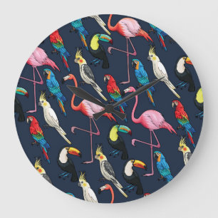 Reloj Redondo Grande Coloridas Aves Exóticas Patrón oscuro