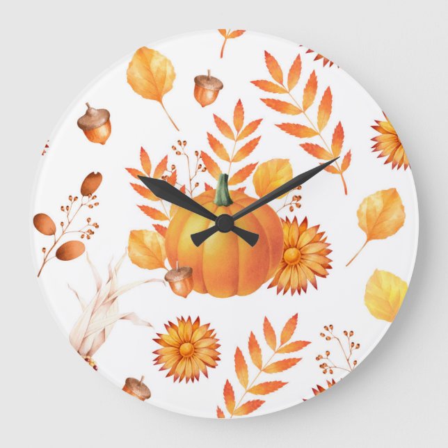 Reloj Redondo Grande Coloridas calabazas de octubre patrón otoño (Anverso)