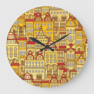 Reloj Redondo Grande Coloridas Casas Patrón de Ciudad Vintage