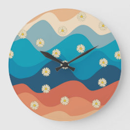 Reloj Redondo Grande Coloridas Olas Retro y Patrón de Daisies