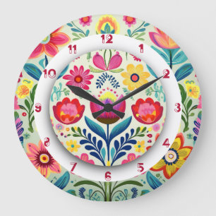 Reloj Redondo Grande Colorido Boho Floral Pintura de dos coronas