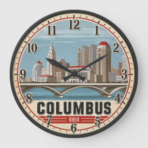 Reloj Redondo Grande Columbus Ohio Skyline Vintage Travel Poster