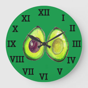 Reloj Redondo Grande Comida de acuarela sana y vegetal de aguacate