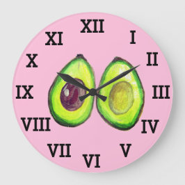 Reloj Redondo Grande Comida de acuarela sana y vegetal de aguacate