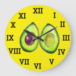 Reloj Redondo Grande Comida de acuarela sana y vegetal de aguacate