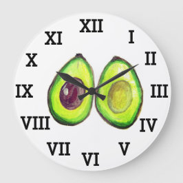 Reloj Redondo Grande Comida de acuarela sana y vegetal de aguacate