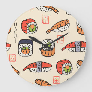 Reloj Redondo Grande Comida de sushi, diseño de patrones impecable.