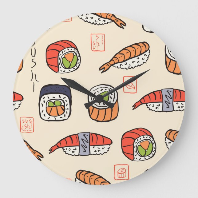Reloj Redondo Grande Comida de sushi, diseño de patrones impecable. (Anverso)