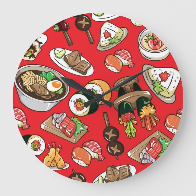 Reloj Redondo Grande Comida japonesa: Patrón cultural sin foco (Anverso)
