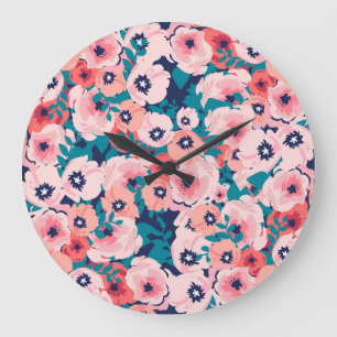 Reloj Redondo Grande Comprimido Floral de acuarela: Peonies de época.