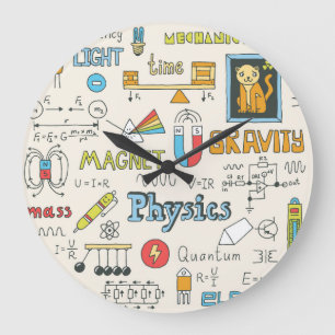 Reloj Redondo Grande Conceptos físicos, estilo vintage dibujado a mano.