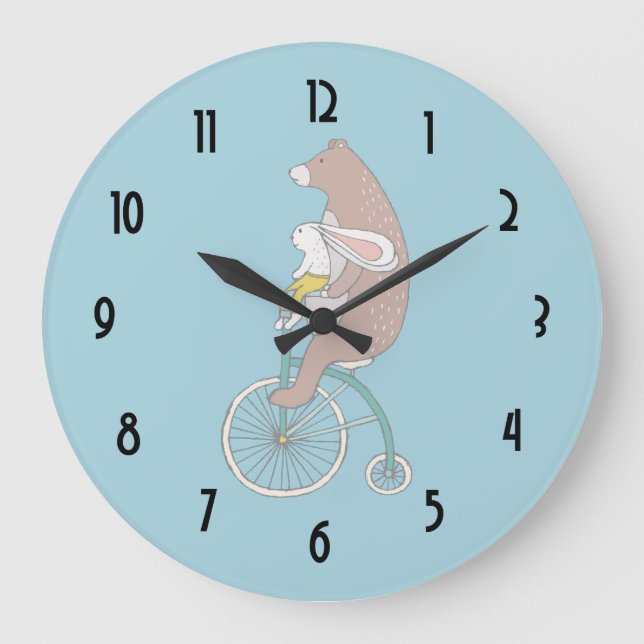 Reloj Redondo Grande Conejito caprichoso y oso que montan una bici (Anverso)