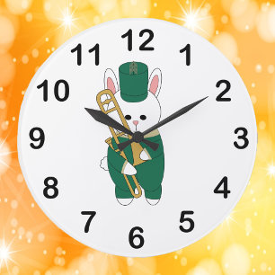 Reloj Redondo Grande Conejito Lindo Trombón Verde Oro