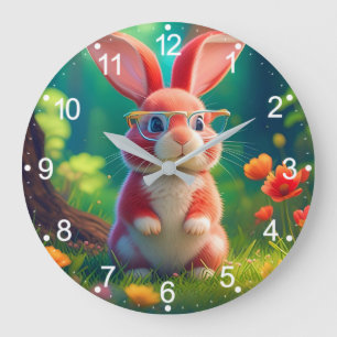 Reloj Redondo Grande Conejito Rosa Lindo en Césped Verde-47567