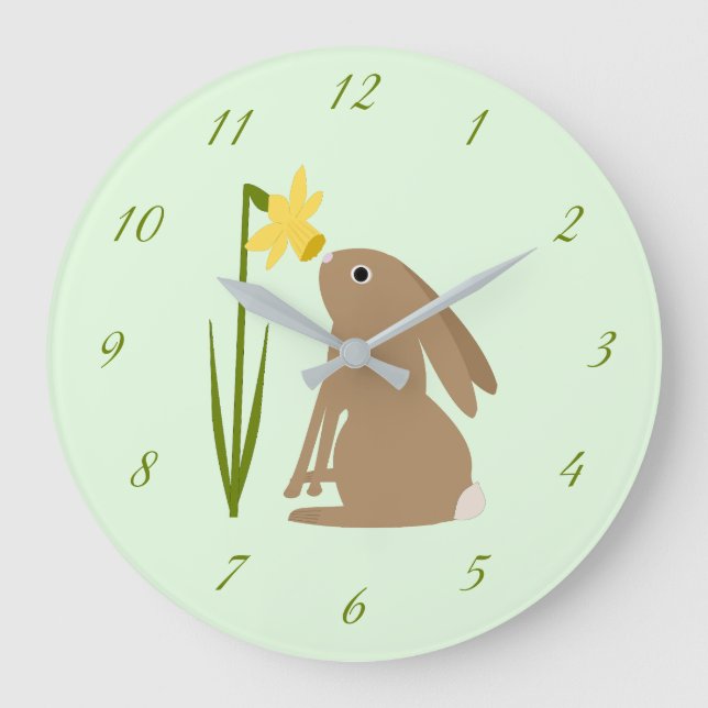 Reloj Redondo Grande Conejo de conejo de pascua y flor de Daffodil (Anverso)
