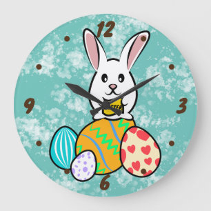 Reloj Redondo Grande Conejo de Pascua con pancarta en huevos de Pascua