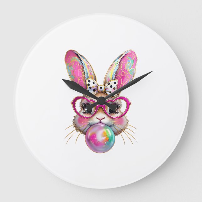 Reloj Redondo Grande Conejo de Pascua Feliz Coqueta Pincelada Pascua (Anverso)