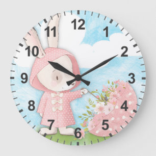 Reloj Redondo Grande Conejo de Pascua Paraguas y Flores