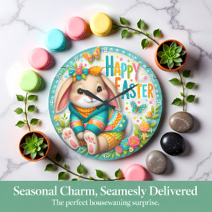 Reloj Redondo Grande Conejo Floral de Pascua Feliz
