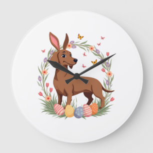 Reloj Redondo Grande Conejo Perro Dachshund de Pascua Vintage con Huevo