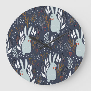 Reloj Redondo Grande Conejos Adorables: Patrón de bosques sin foco