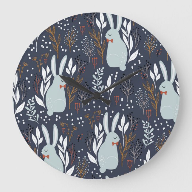 Reloj Redondo Grande Conejos Adorables: Patrón de bosques sin foco (Anverso)