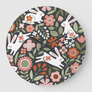 Reloj Redondo Grande Conejos blancos, patrón de cosecha floral.