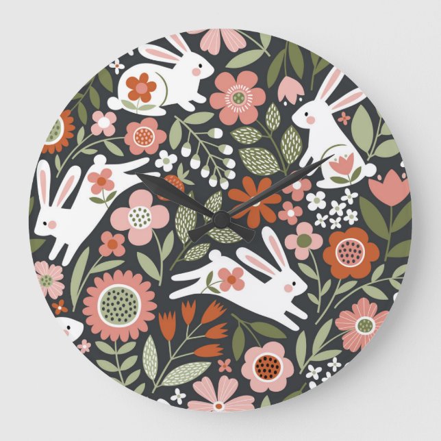 Reloj Redondo Grande Conejos blancos, patrón de cosecha floral. (Anverso)