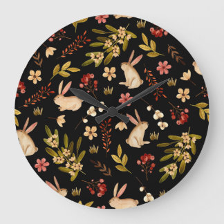 Reloj Redondo Grande Conejos Cutos: Patrón de acuarela dibujado a mano