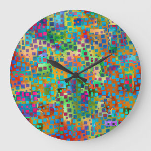 Reloj Redondo Grande Confeti Colorido, Abstracto Multicolor con Cuadrad