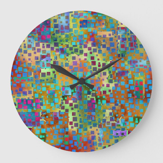 Reloj Redondo Grande Confeti colorido, cuadrados multicolores del (Anverso)