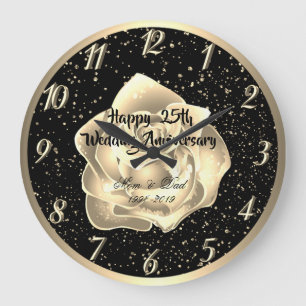 Reloj Redondo Grande Confeti de Rosa Dorada Aniversario de Bodas 25