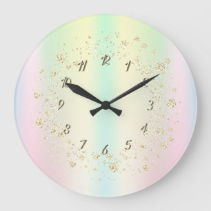 Reloj Redondo Grande Confeti Holográfico de Arcoíris Elegante y Moderno