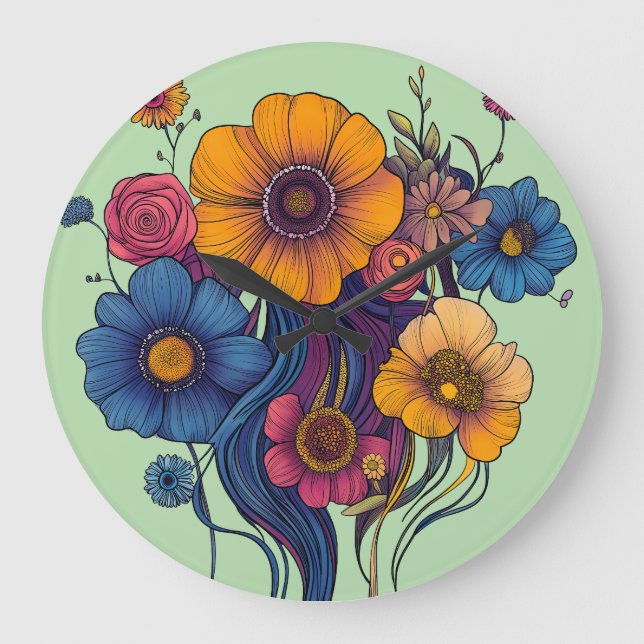 Reloj Redondo Grande Conjunto artístico de hermosas flores (Anverso)