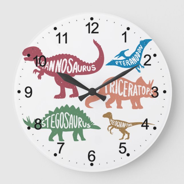 Reloj Redondo Grande Conjunto de siluetas de diferentes dinosaurios (Anverso)