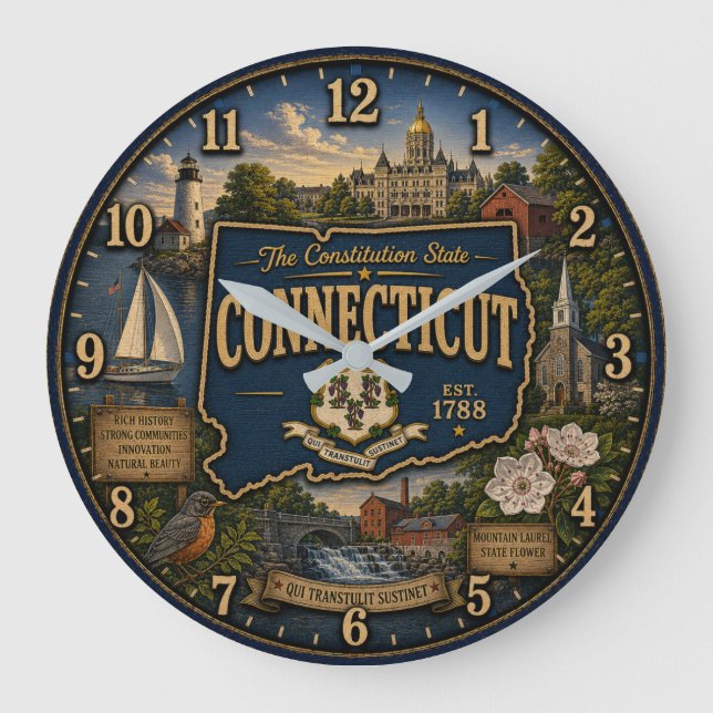 Reloj Redondo Grande Connecticut State Constitution State Map Landmark (Anverso)